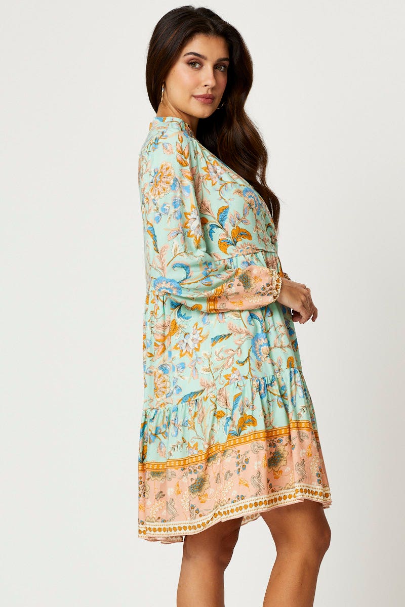 Boho Print Button Front Skater Dress