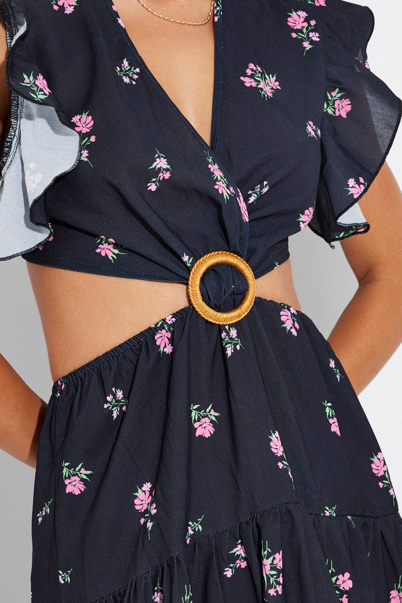 Black Floral Maxi Dress Flutter Ruffle Shoulder Buckle Dress