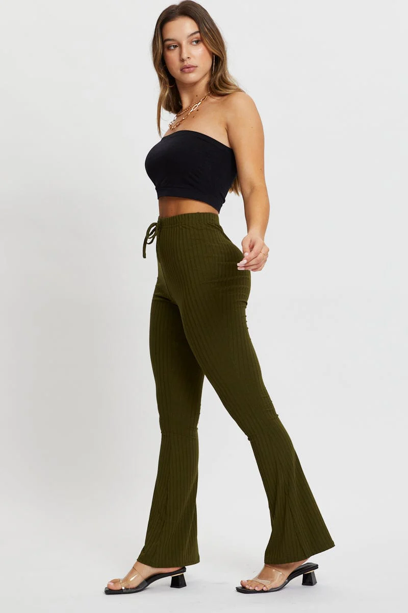 Green Jersey Rib Flared Pants