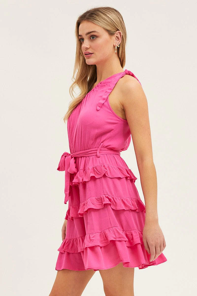 Pink Mini Dress One Shoulder Sleeveless