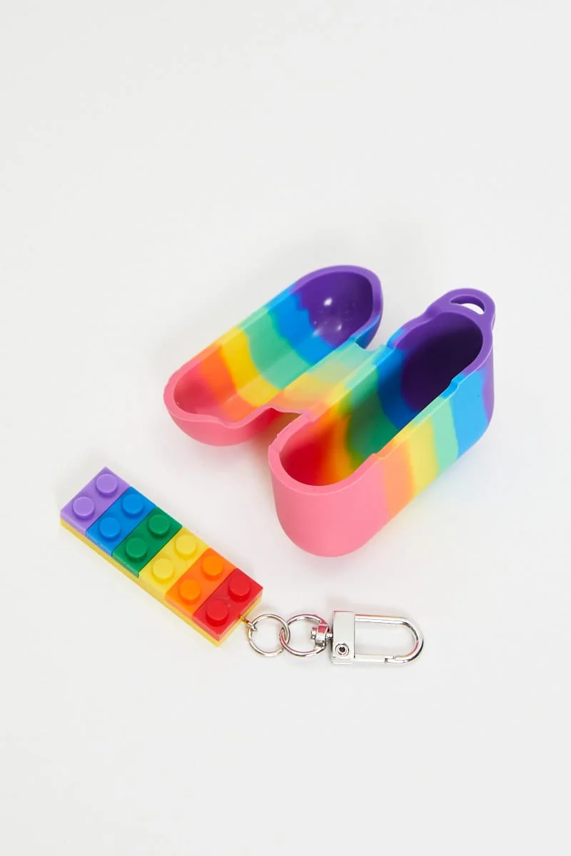 Multi Mardi Gras Rainbow Print Air Pod Case With Charm