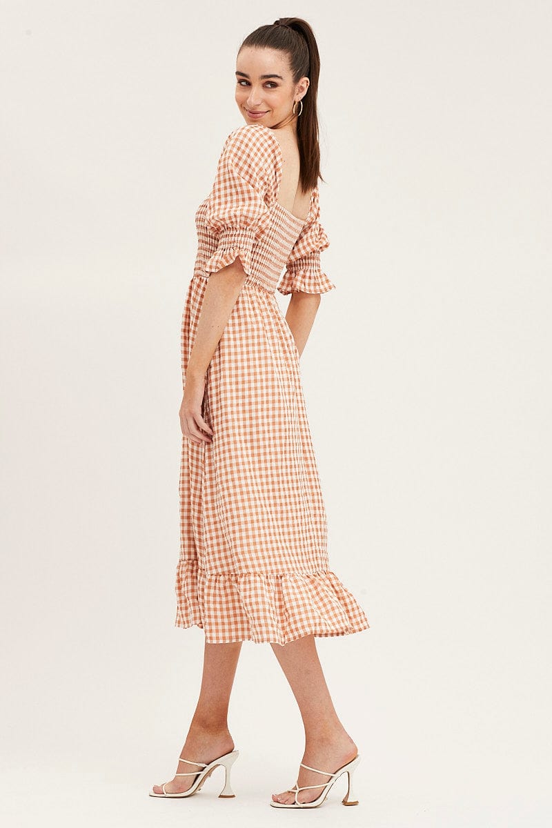Check Shirred Bust Midi Dress