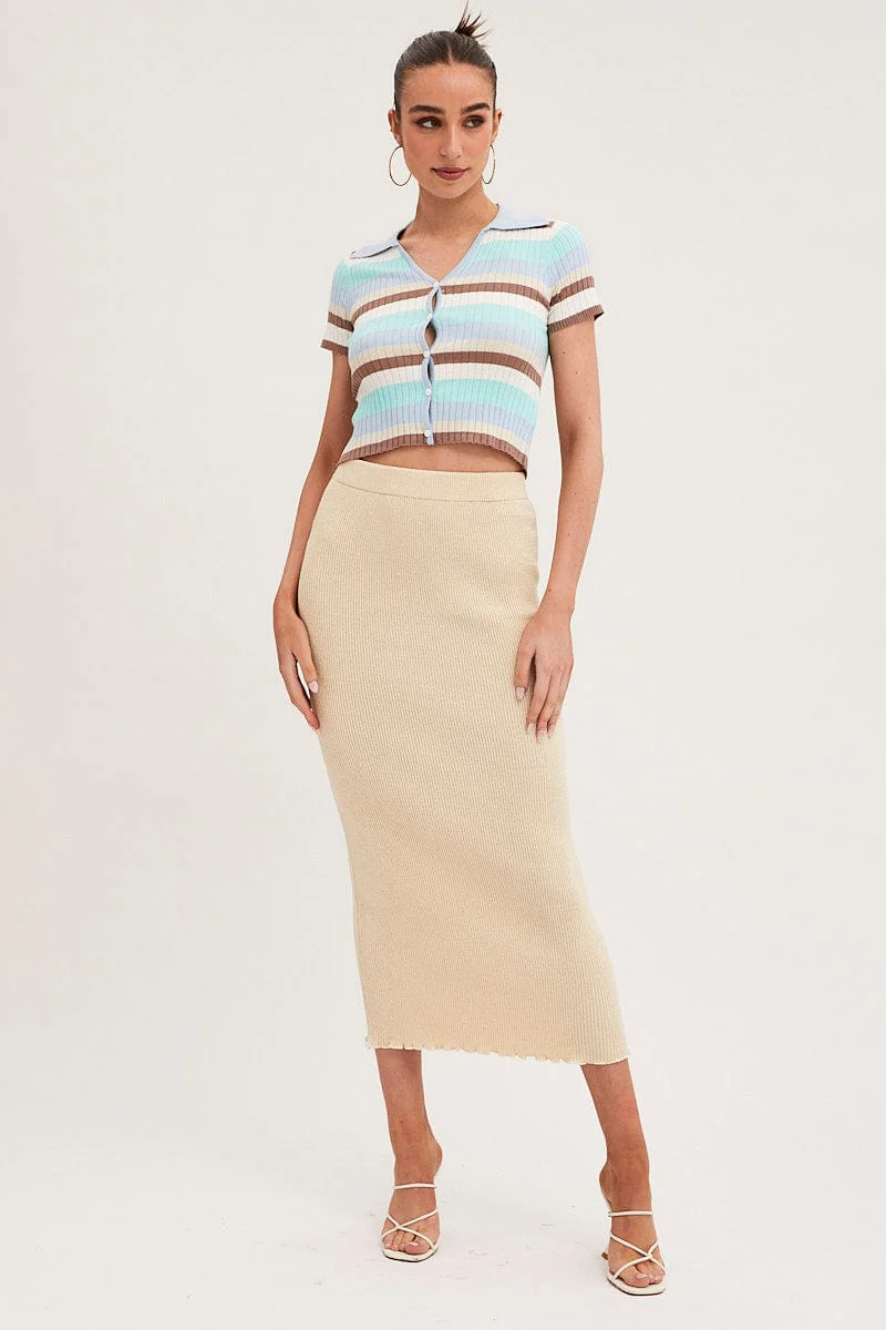 Beige Maxi Skirt Knit High Waist