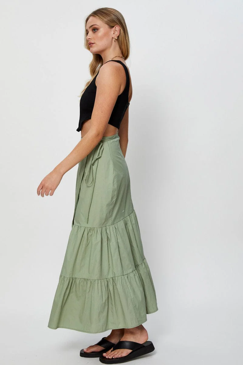 Green Wrap Skirt Maxi High Rise