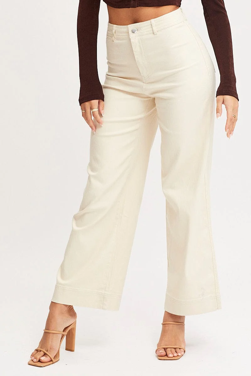 Beige Wide Leg Pants High Rise
