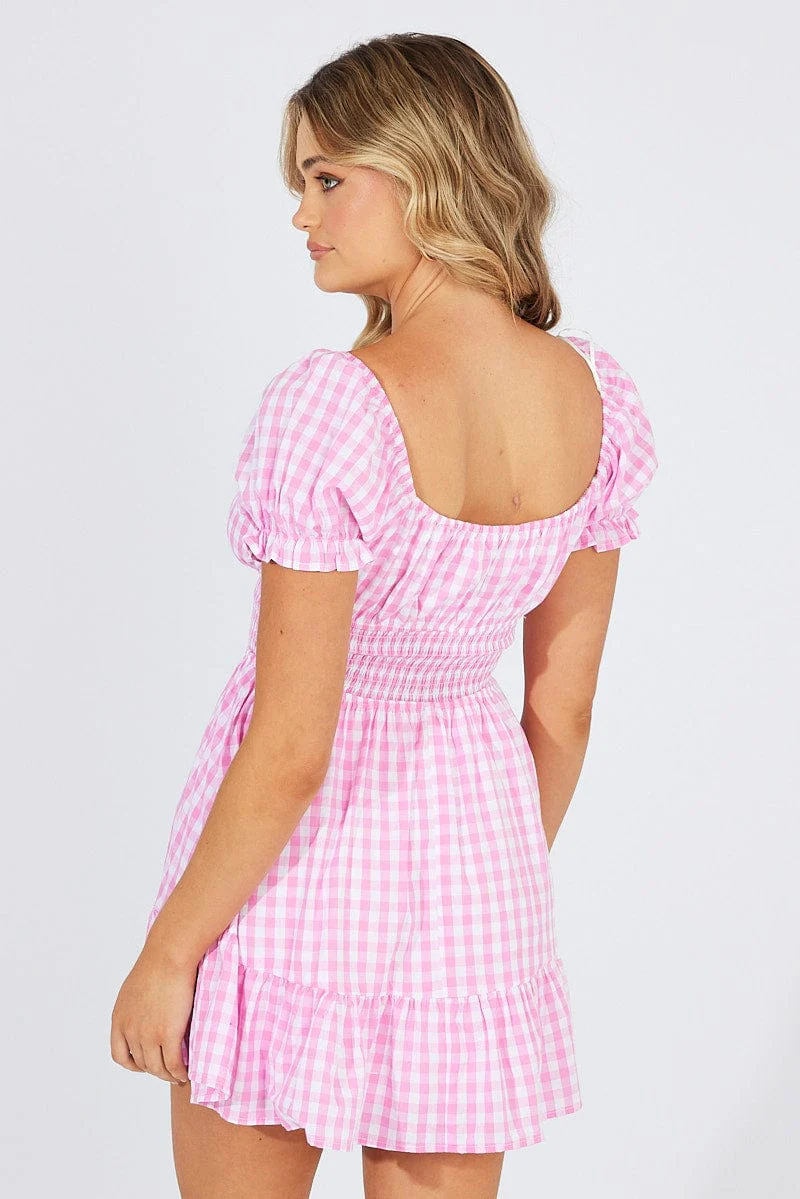 Pink Check Fit And Flare Dress Puff Sleeve Mini