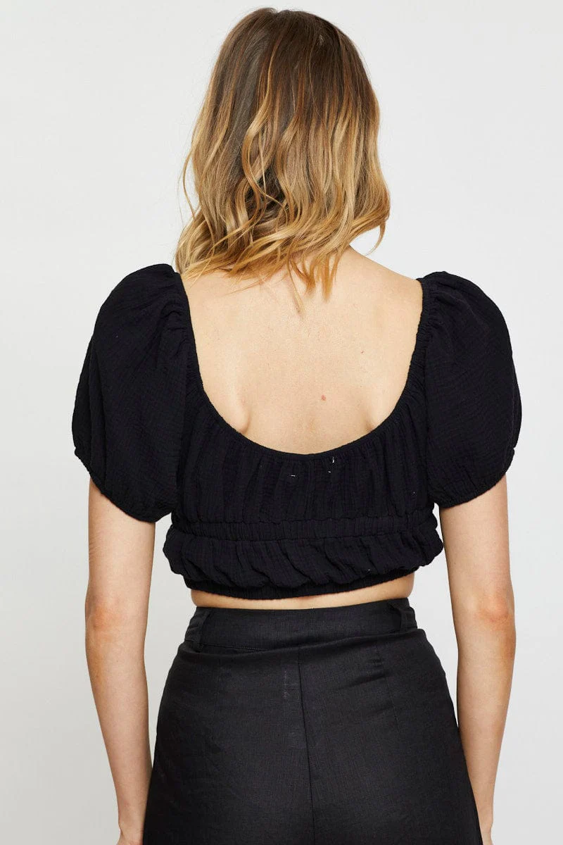 Black Crop Top Short Sleeve Gathered Bust