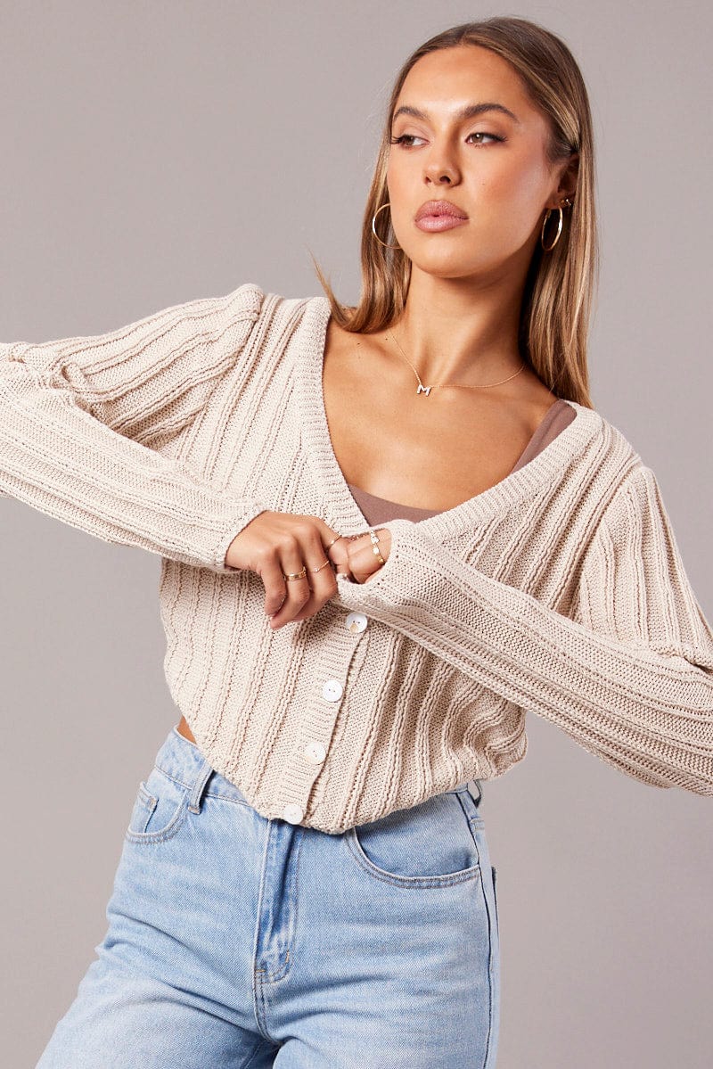Beige Knit Cardigan Long Sleeve