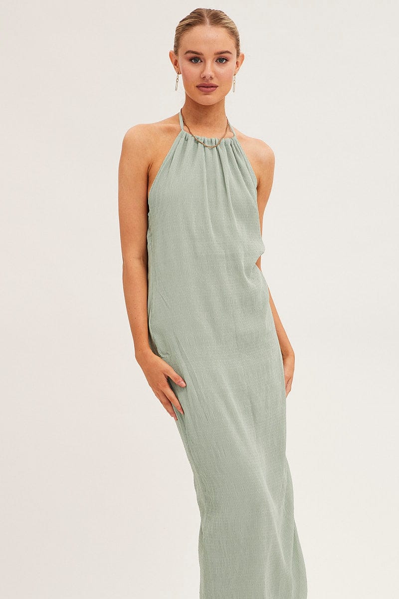 Green Textured Halter Dress Backless