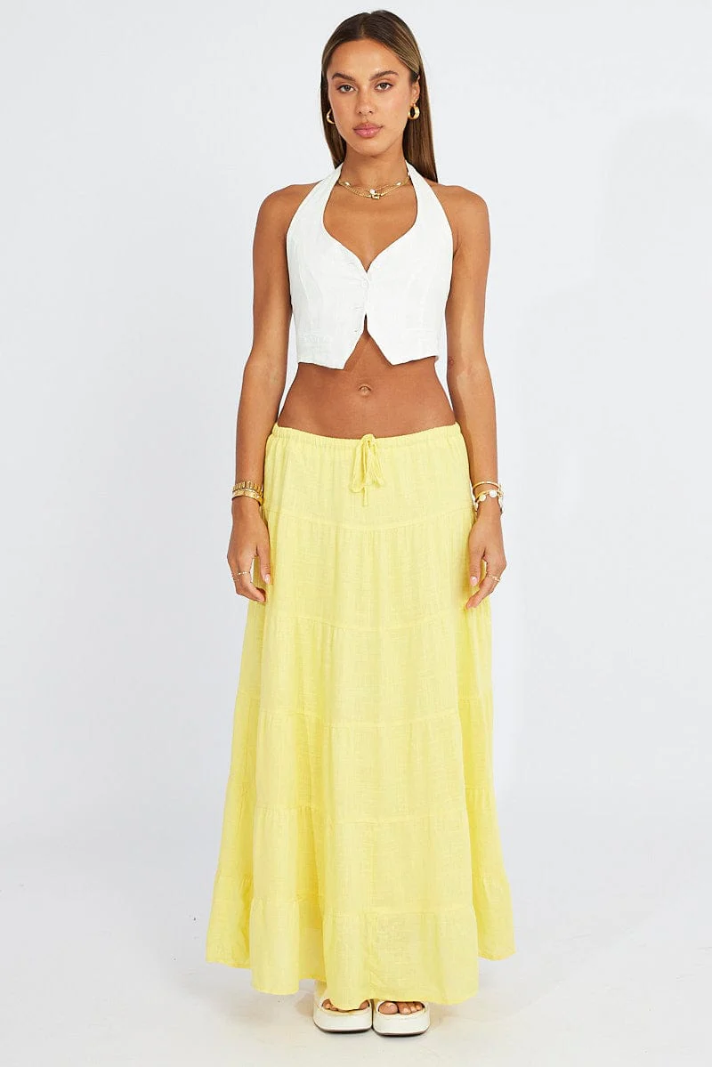 Yellow Maxi Skirt Tiered High Rise Linen Blend