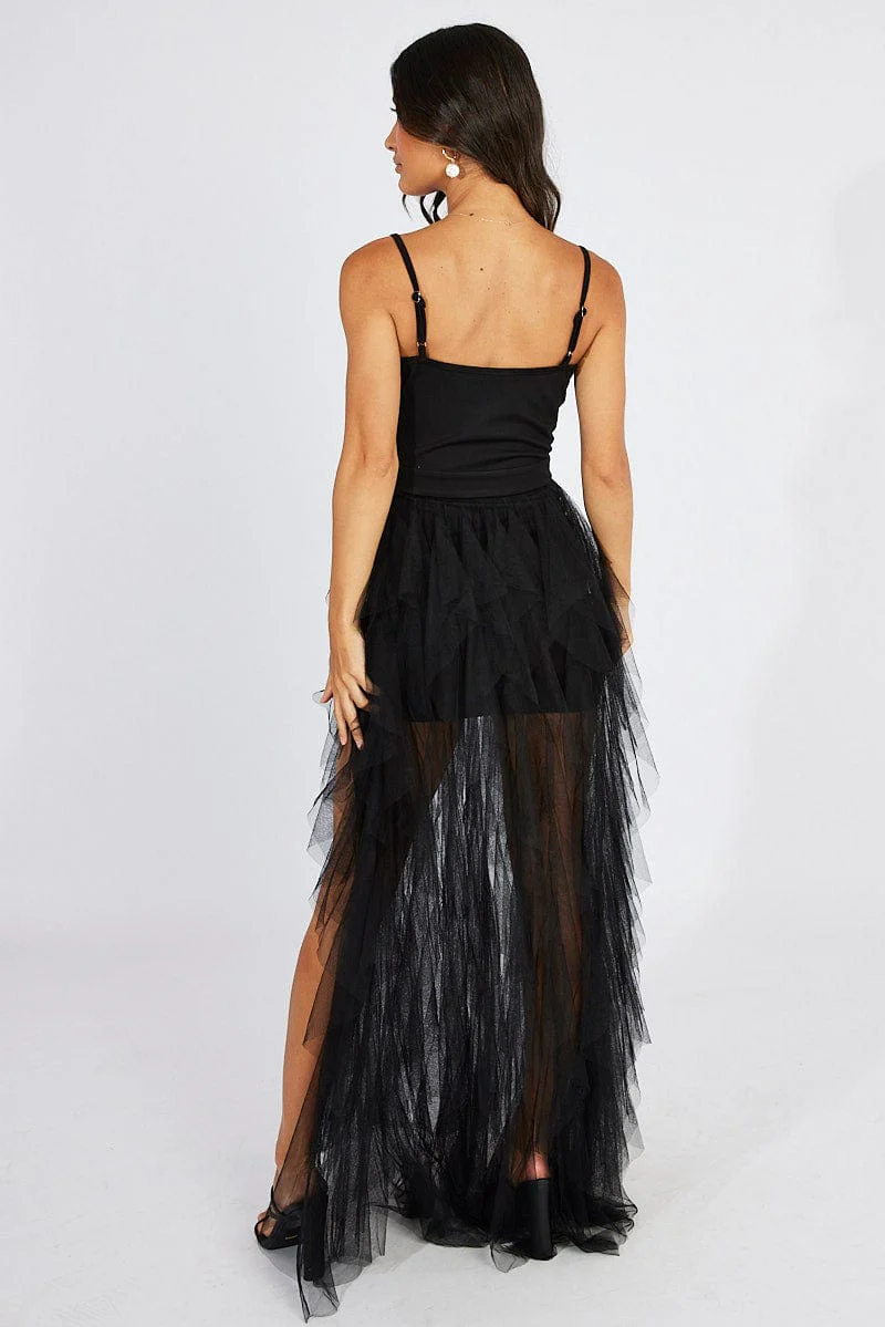 Black Tulle Maxi Dress Tiered Ruffles Plunging Dress
