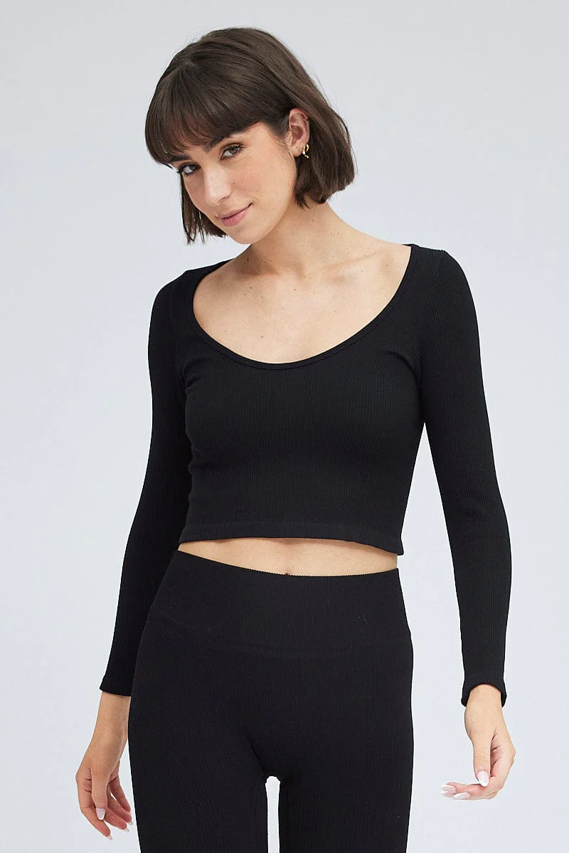 Black Top Long Sleeve Scoop Neck Seamless