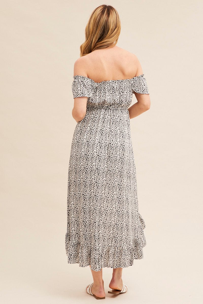 Print Midi Dress Short Sleeve Shirred Off Shoulder