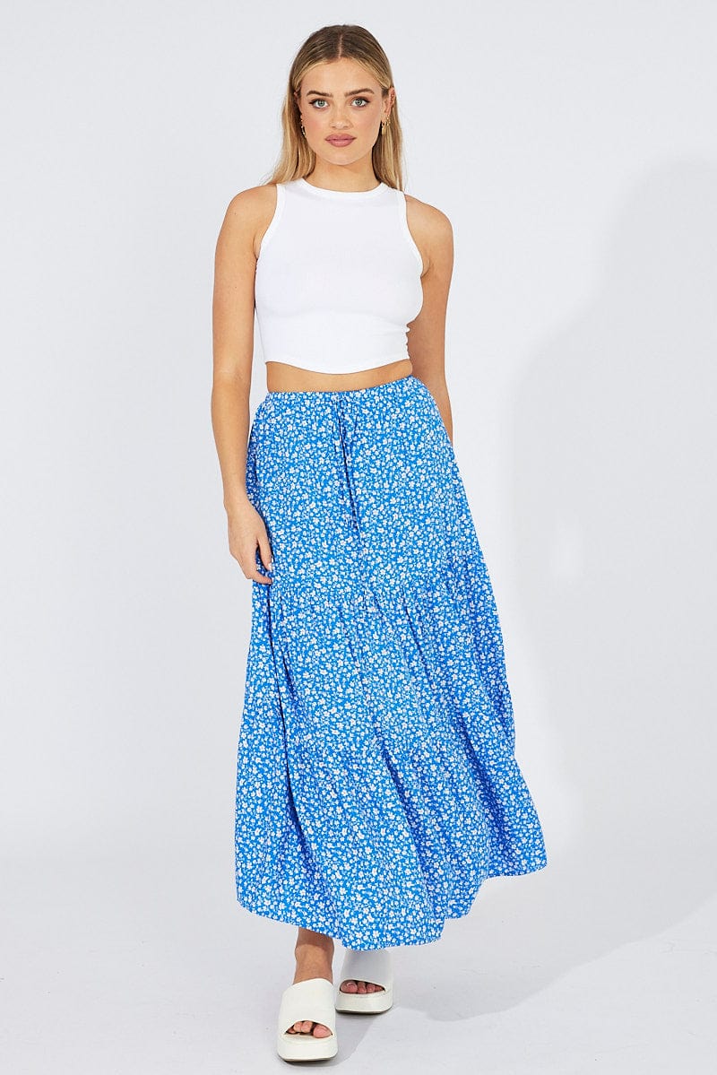 Blue Ditsy Maxi Skirt High Rise