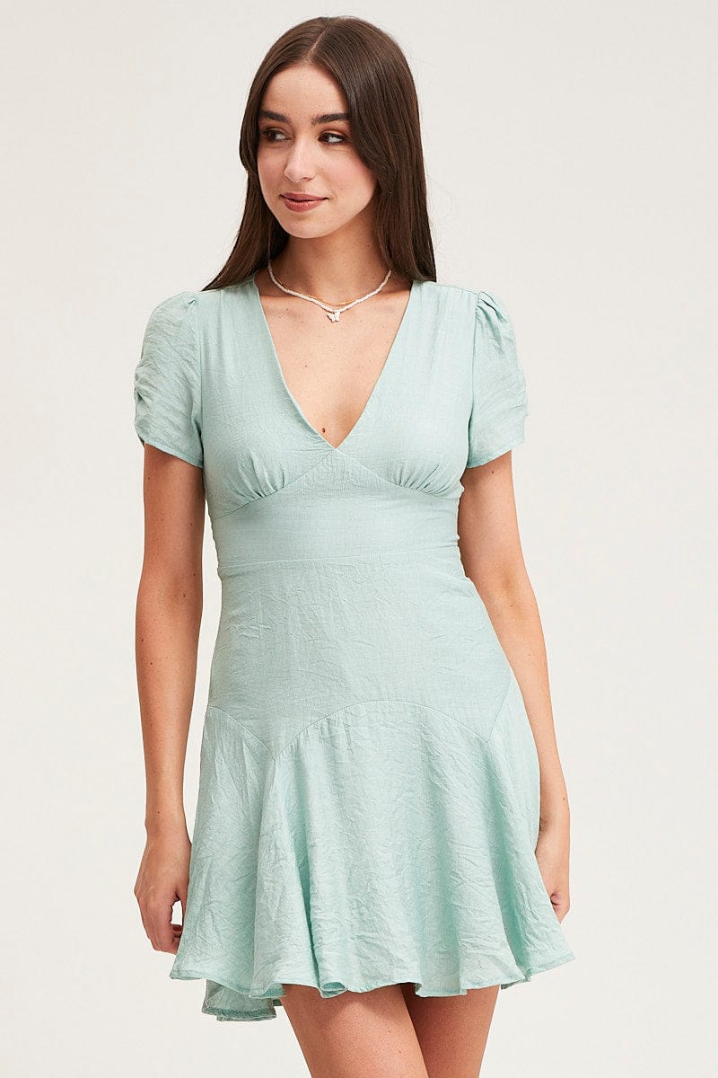 Green A Line Dress Short Sleeve Mini