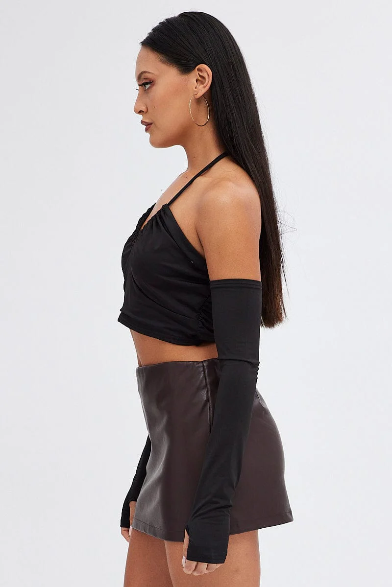 Black Halter Top Long Sleeve Crop Top