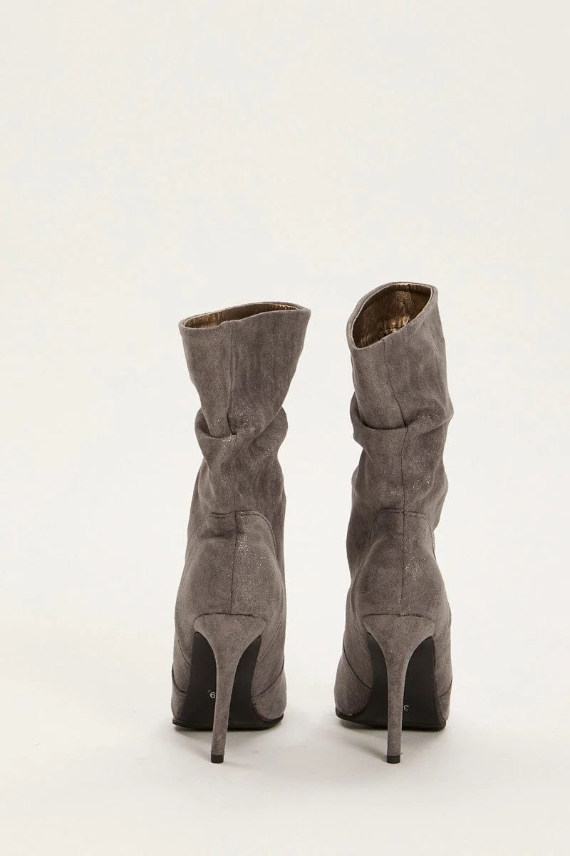 Grey Suedette Heeled Boots