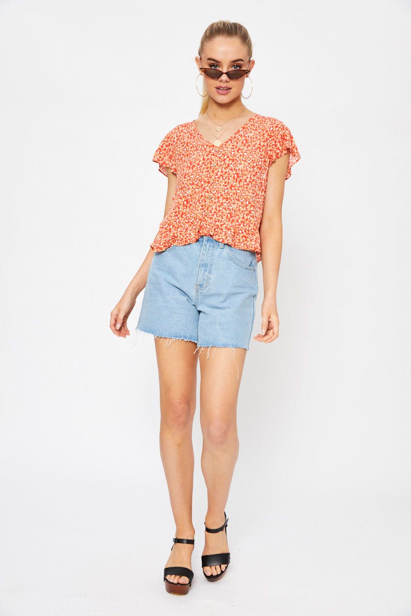 Print Button Down Ruffle Top