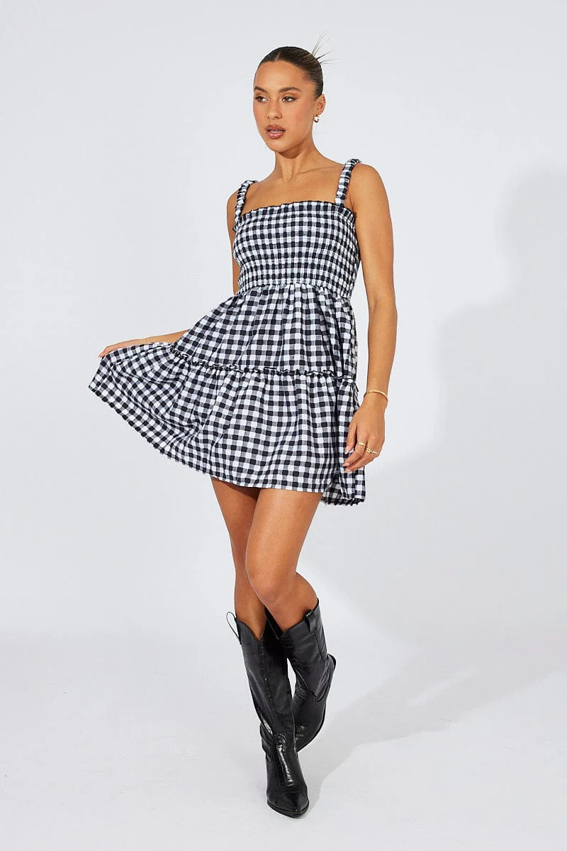 Black Check Fit And Flare Dress Shirred Bust Mini