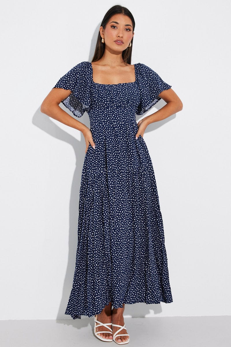 Blue Ditsy Maxi Dress Square Neck Tiered