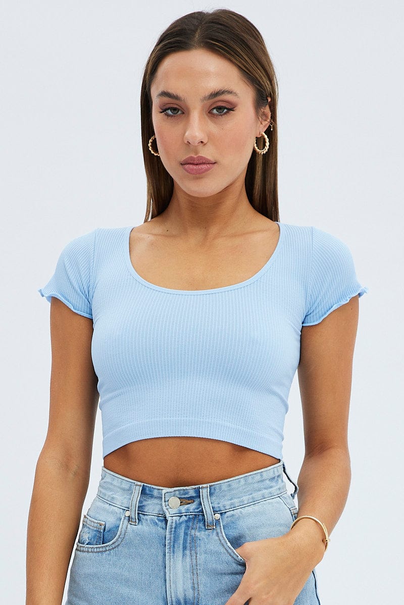 Blue T Shirt Short Sleeve Scoop Neck Seamless