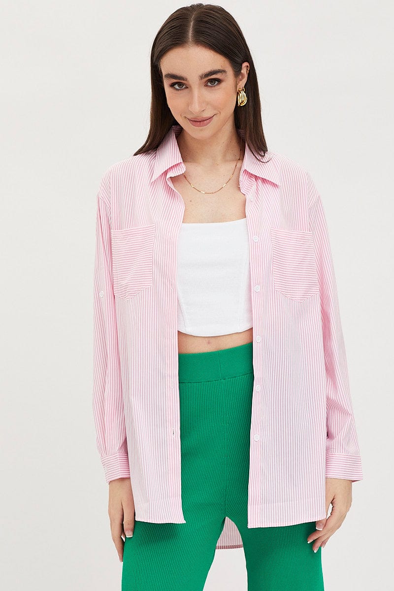 Stripe Oversized Shirts Long Sleeve Collared