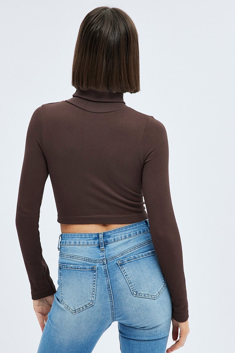 Brown Top Long sleeve Roll up neck Seamless