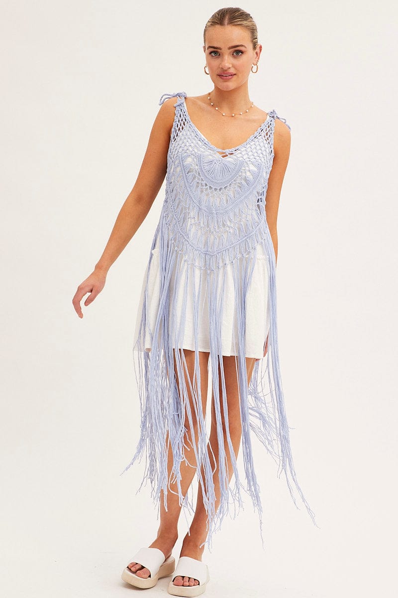 Blue Crochet Beach Pullover Dress Cover Up
