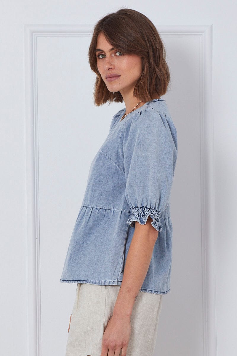 Blue Top Short Sleeve Relaxed Linen