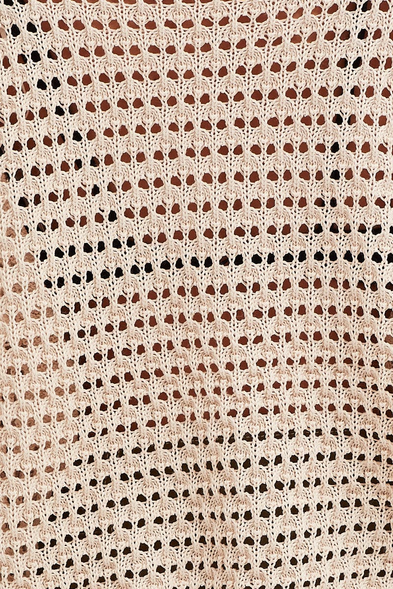 Beige Knit Top Long Sleeve Round Neck Crochet