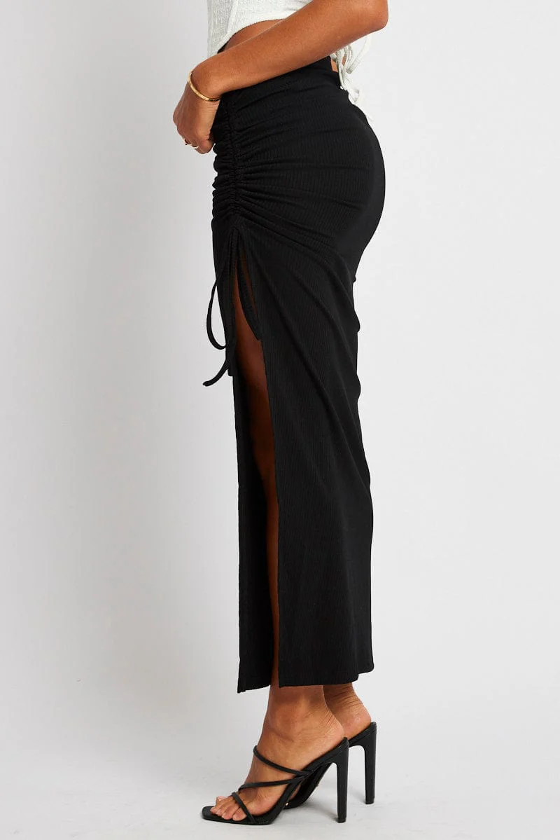 Black Maxi Skirt Side Split Ribbed