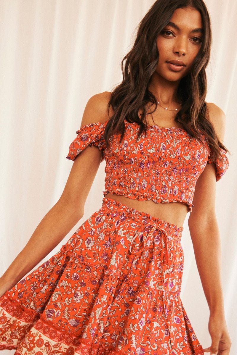 Red Boho Crop Top Short Sleeve Square Neck Shirred