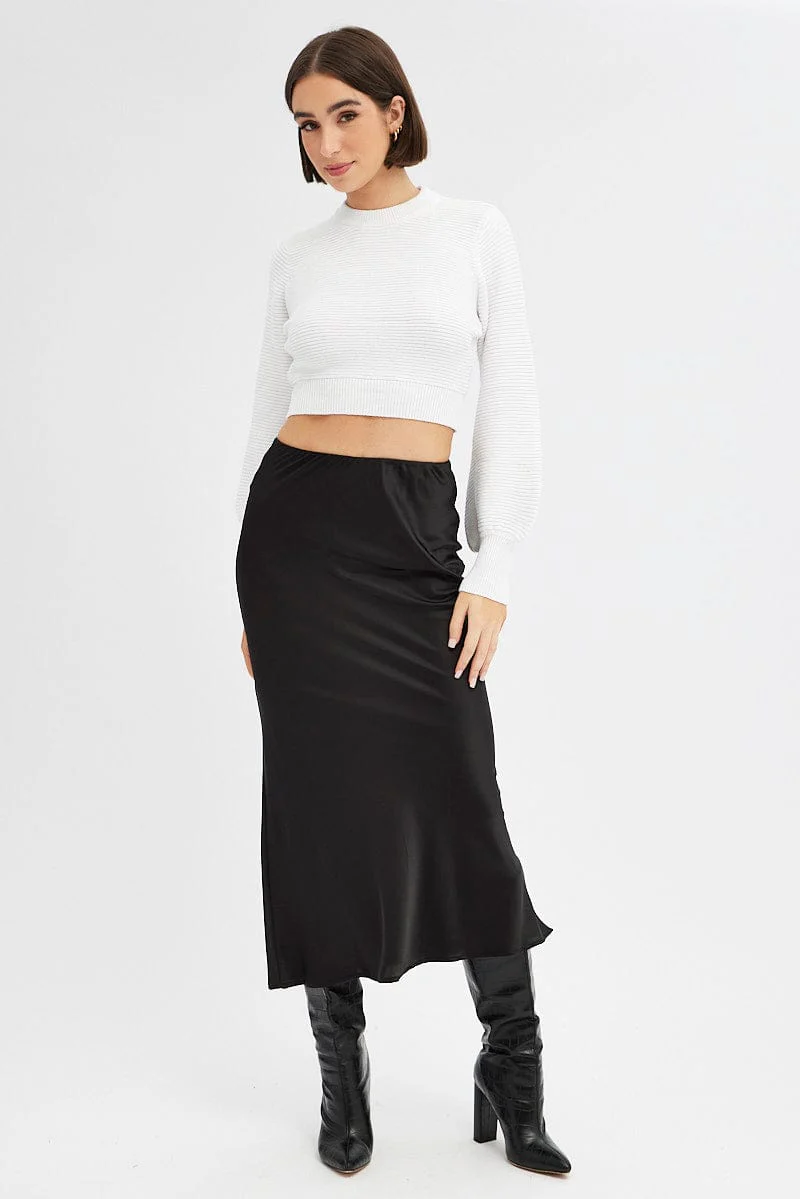 White Knit Top Long Sleeve Crop Round Neck