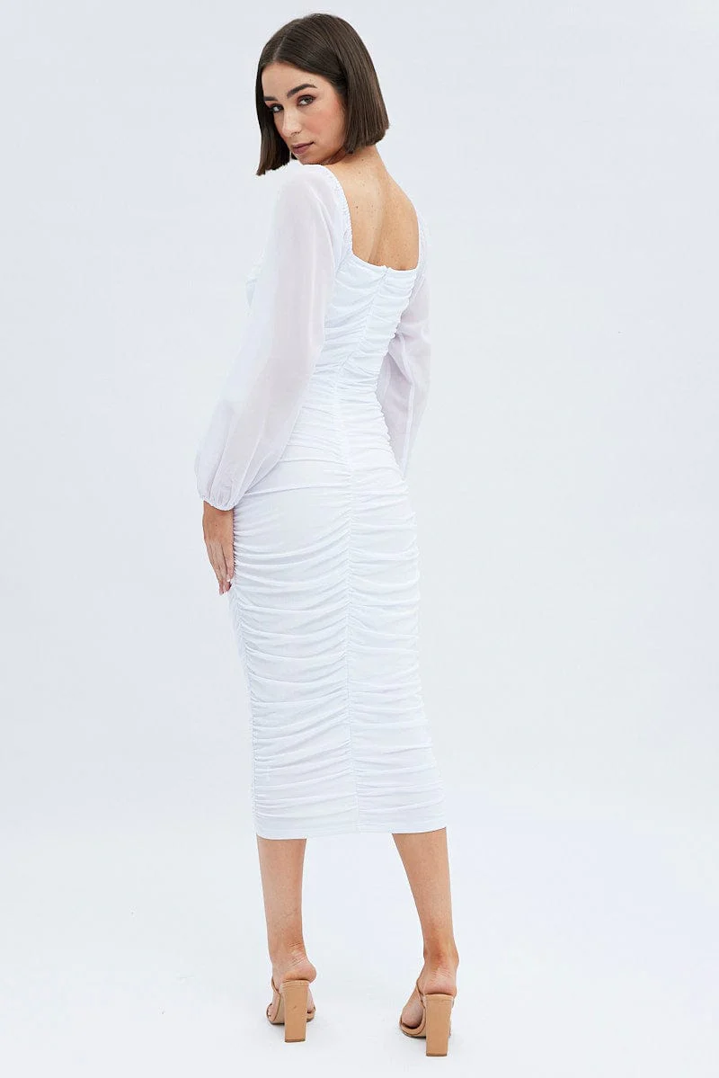 White Midi Dress Long Sleeve Square Neck Ruched Bodycon