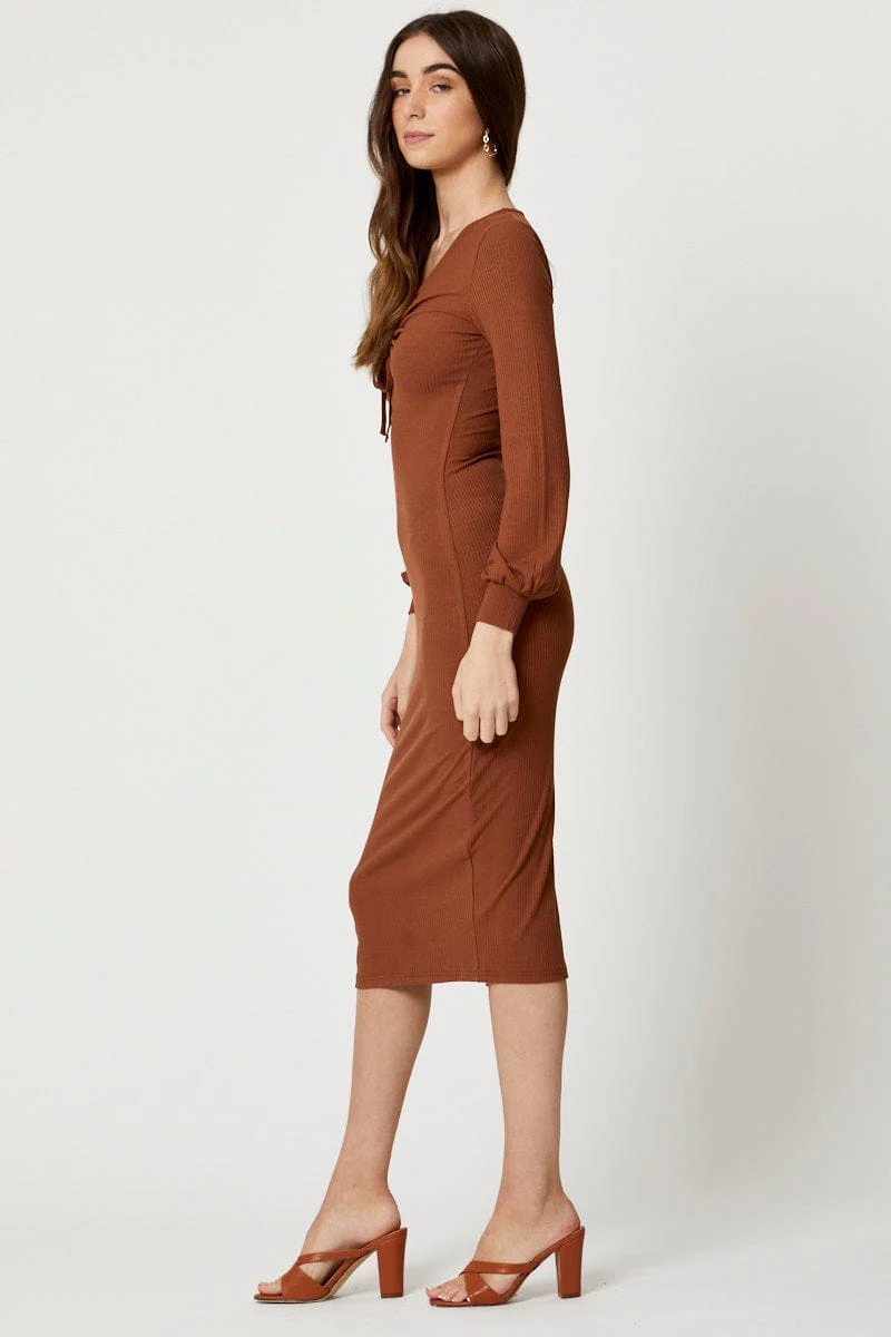 Brown Ribbed Drawstring Midi Dress