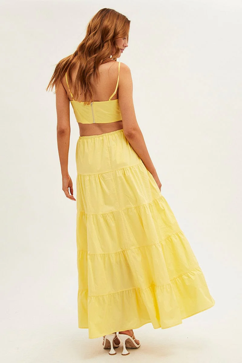 Yellow Maxi Skirt Elastic Waist Tiered