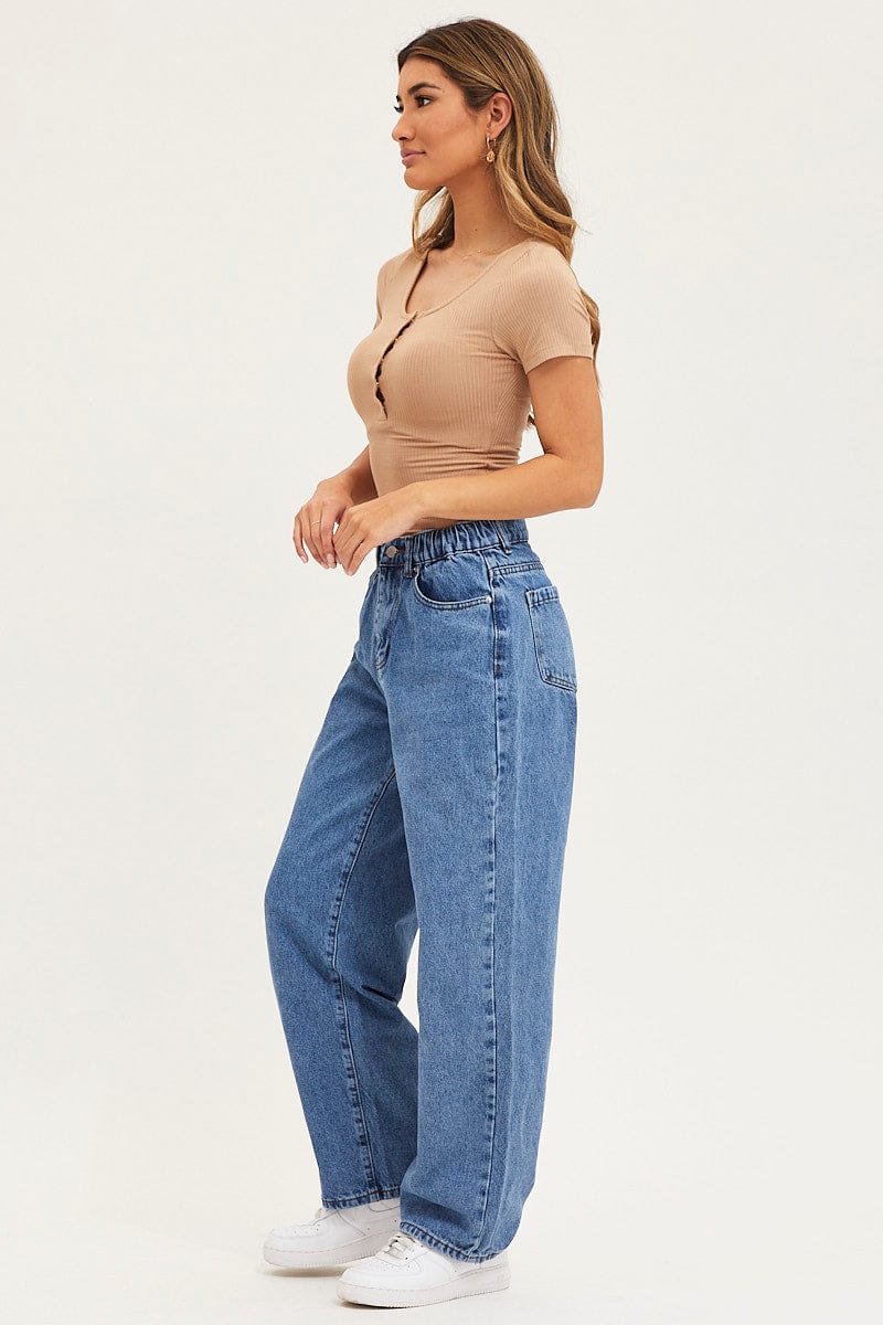 Blue Wide Leg Denim Jeans High Rise