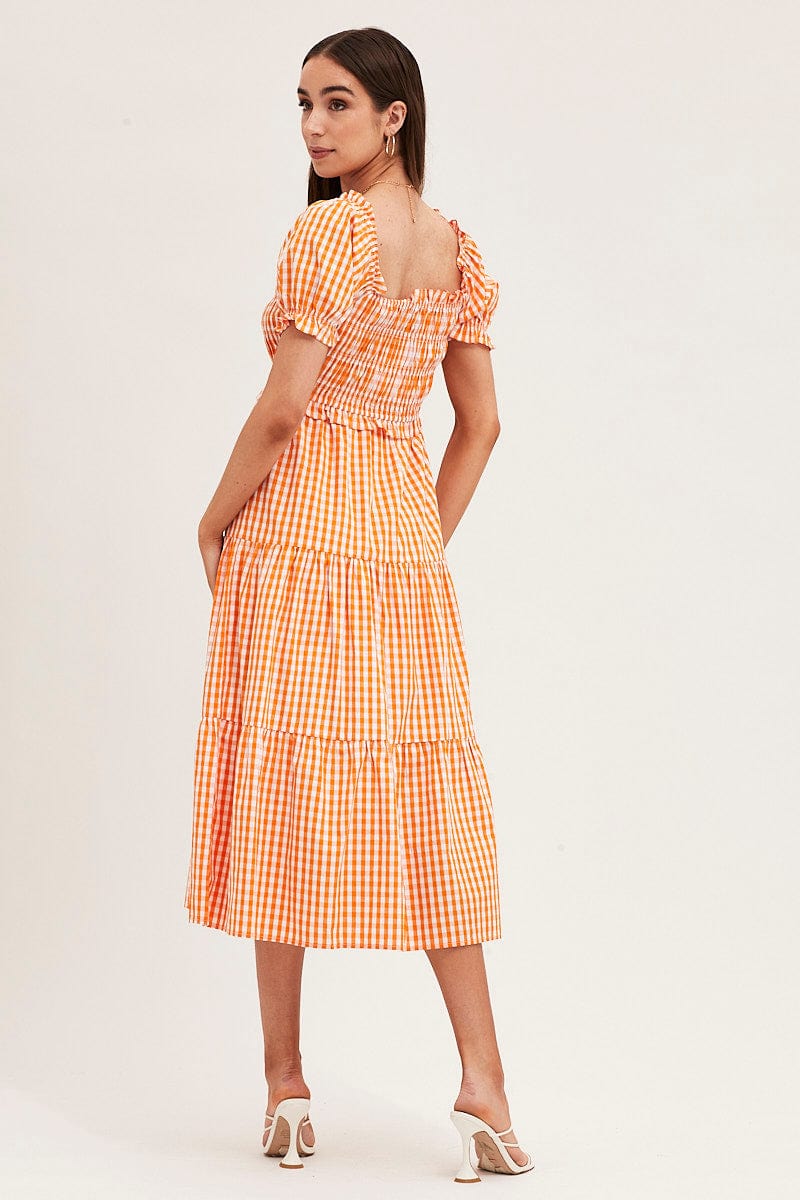 Check Short Sleeve Shirred Midi Dress