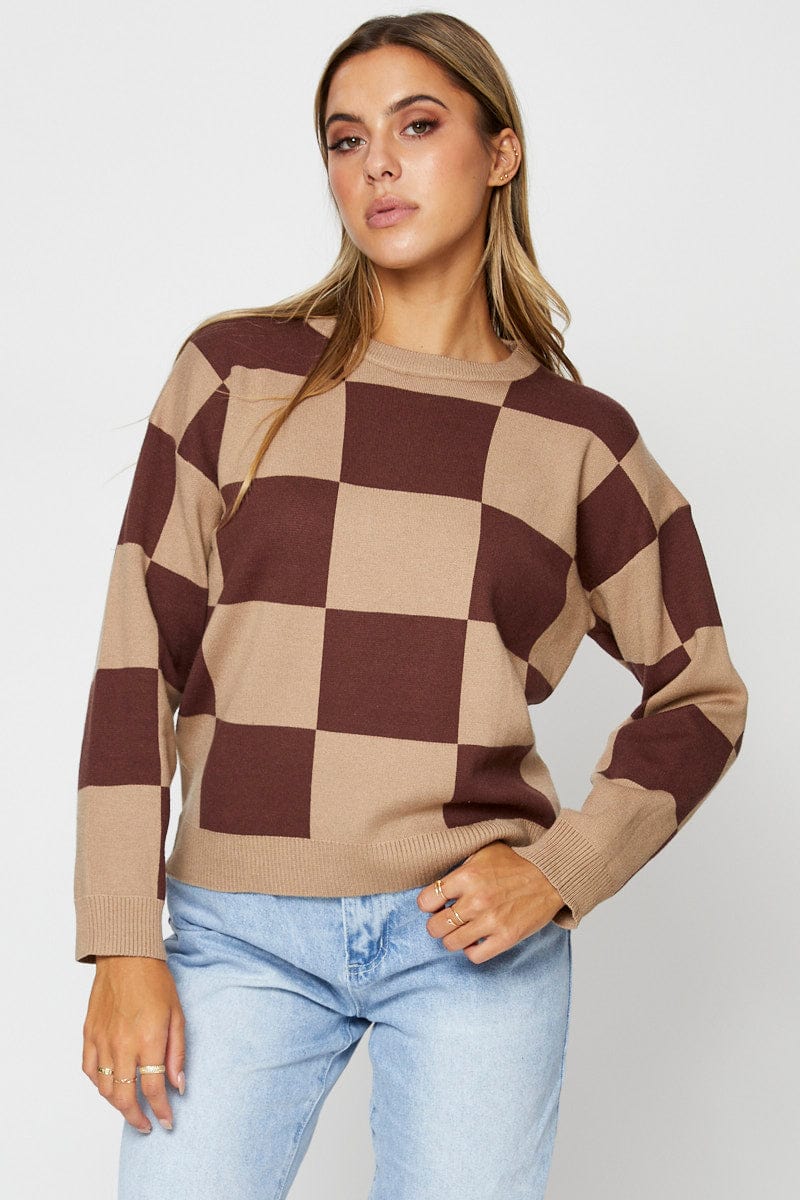 Brown Knit Top Long Sleeve Relaxed Round Neck