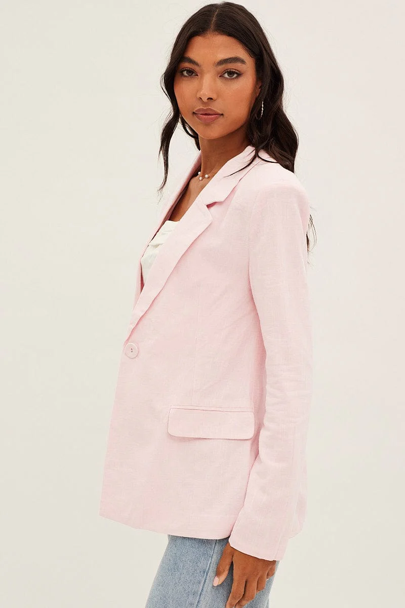 Pink Blazer Long Sleeve Single Breasted Linen Cotton