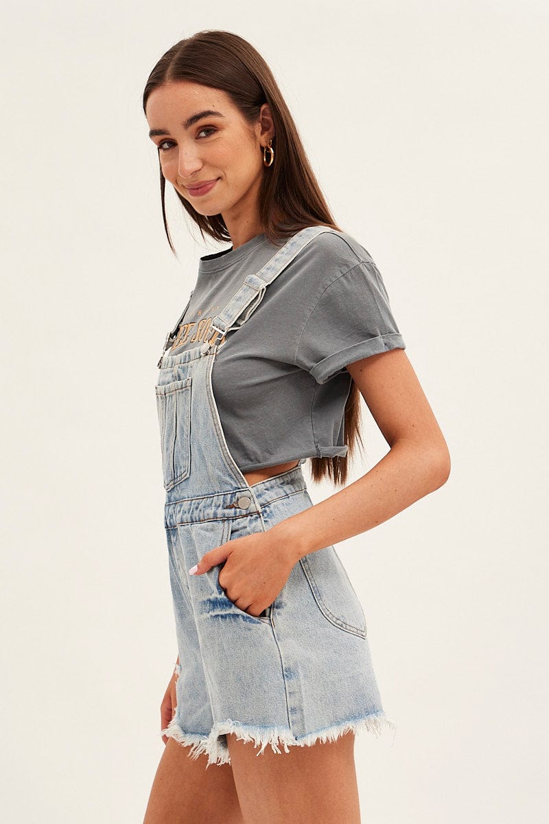 Denim Distressed Denim Short Overalls