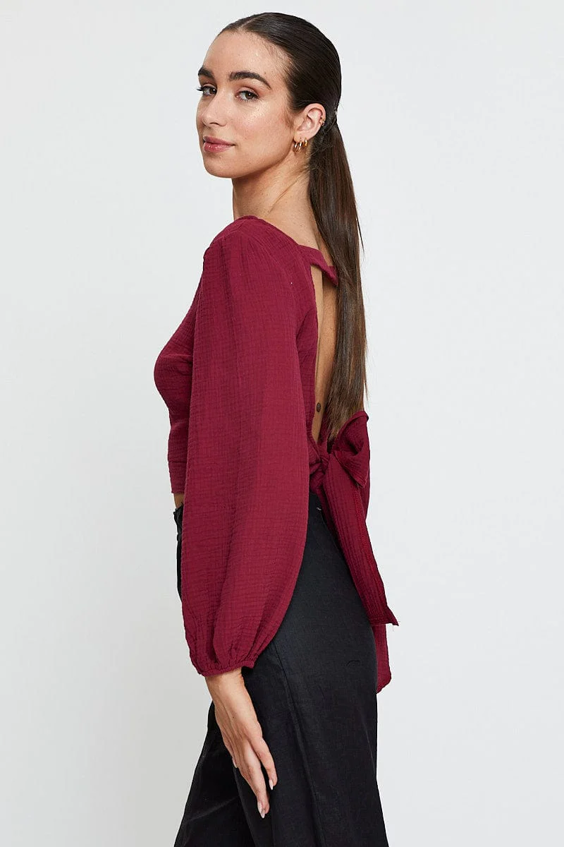 Red Crop Top Long Sleeve Round Neck
