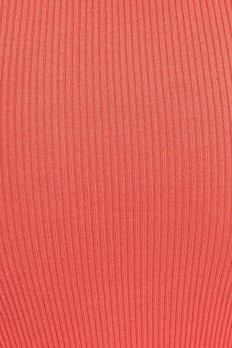 Orange Midi Dress Bodycon Round Neck Ribbed Knit