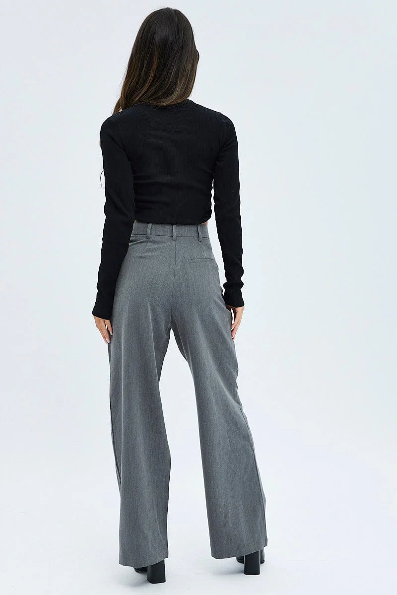 Grey Wide Leg Pants Turn Down Waist Low Rise