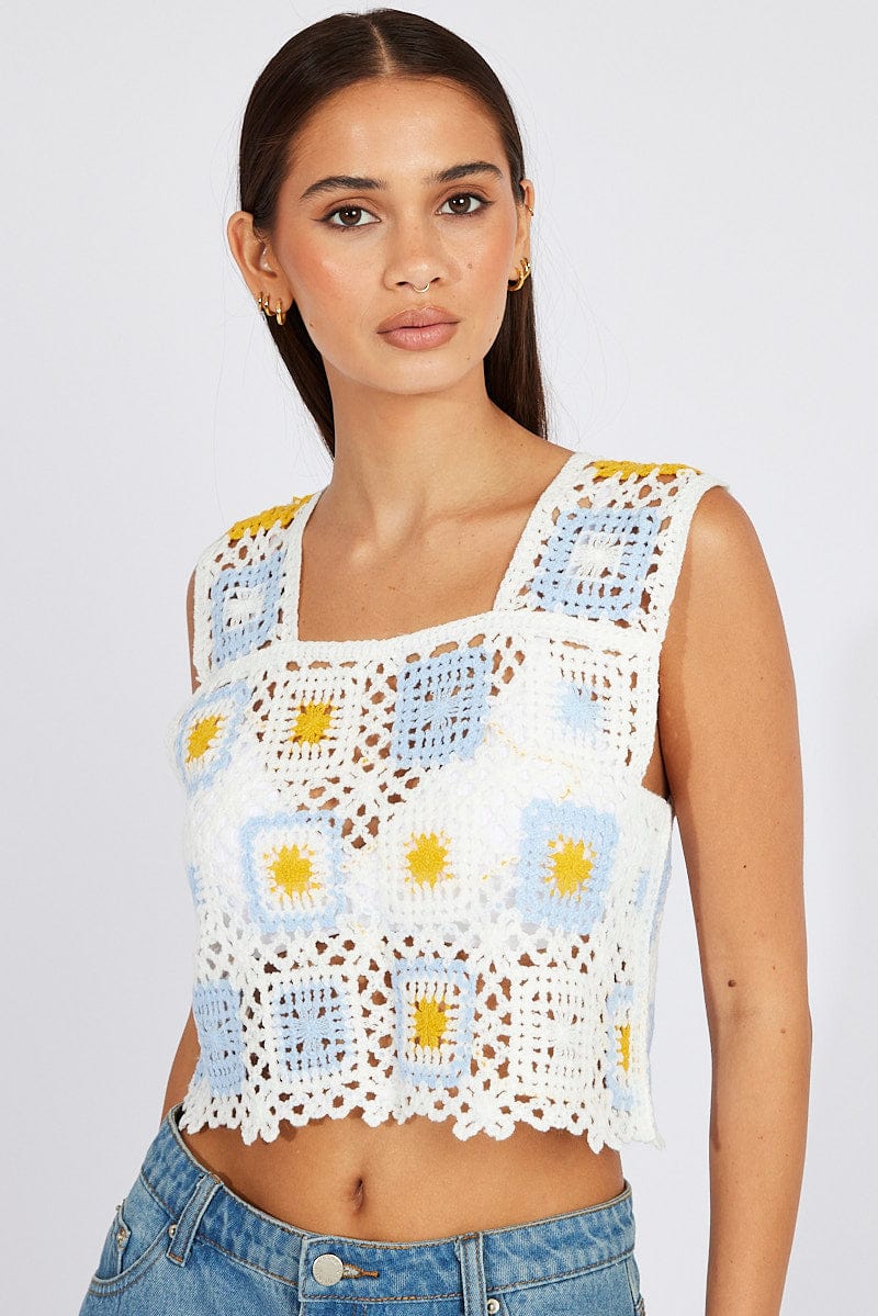 Multi Crochet Top Crop Square Neck