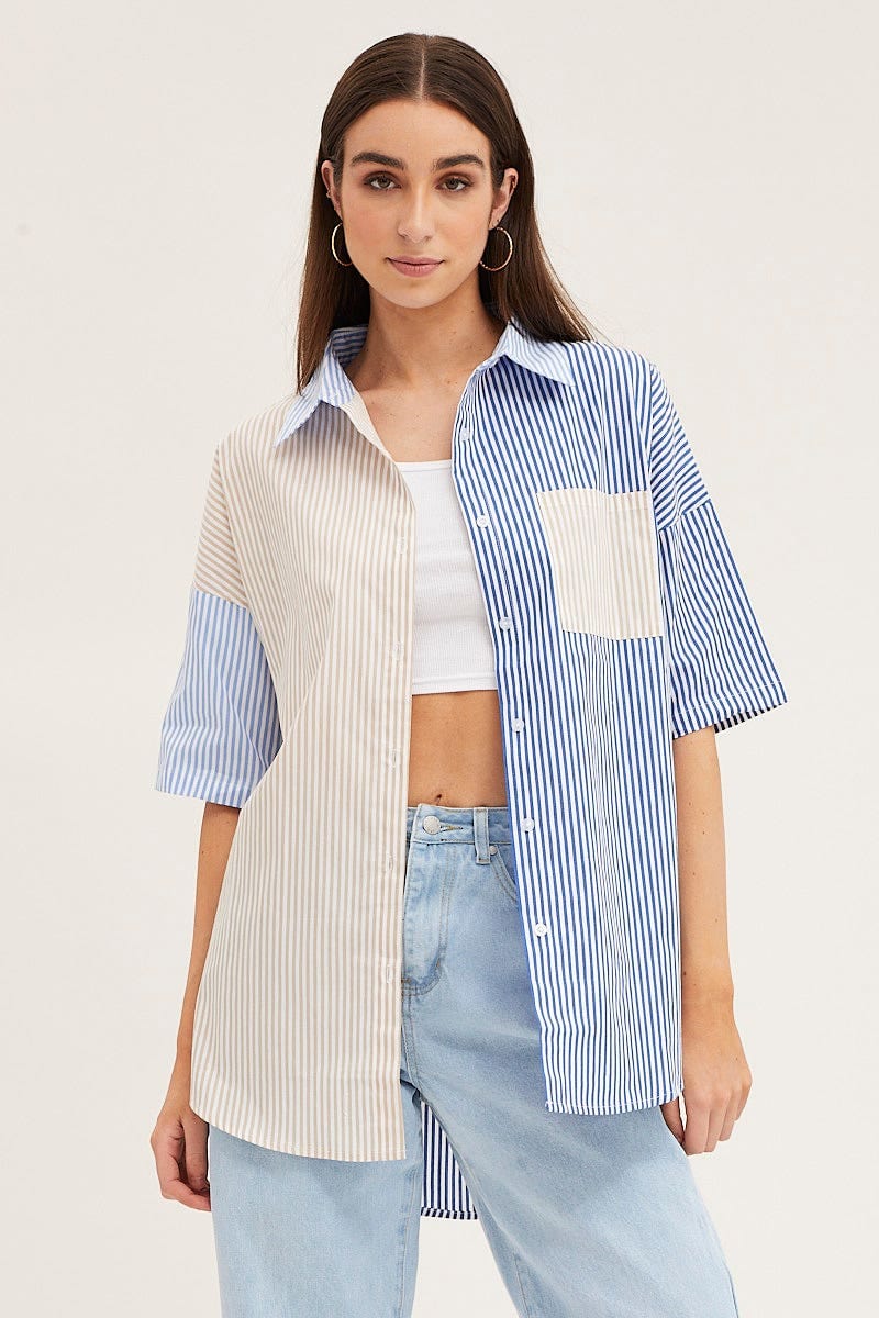 Stripe Half Sleeve Stripe Longline Shirt