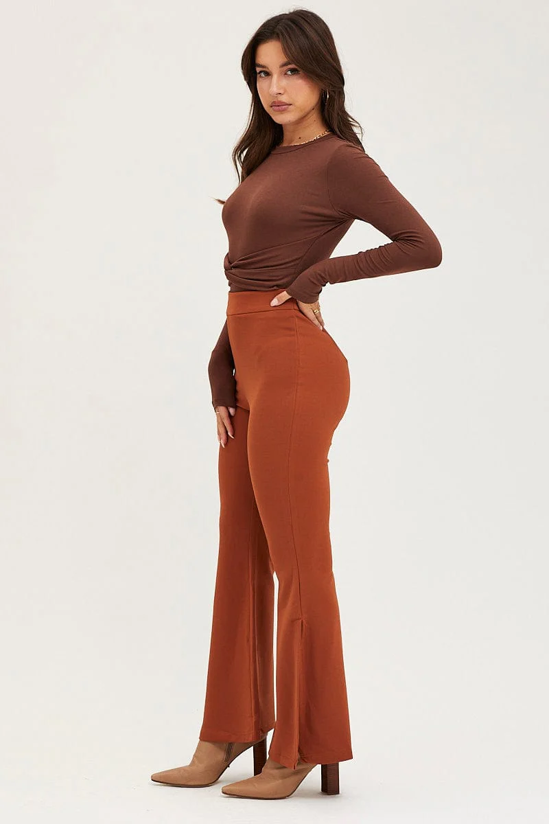 Brown Flare Pants High Rise