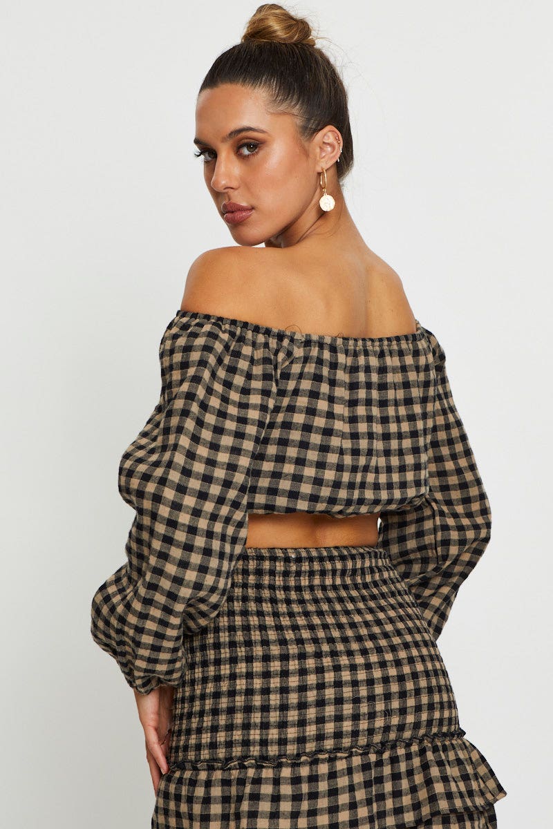 Check Top Long Sleeve Crop Off Shoulder