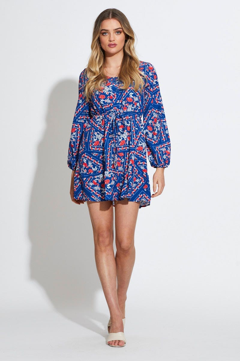 Print Mini Dress Long Sleeve V Neck