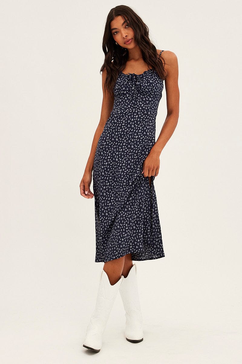 Black Ditsy Midi Dress Sleeveless Ruched Bust